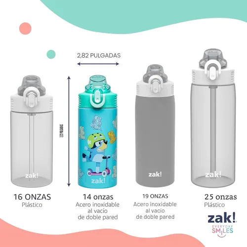 Vista 10 de Zak Designs Bluey Sage - Botella de agua para niños para la escuela o viajes, botella de agua de acero inoxidable de 14 onzas con popote, asa y tapa