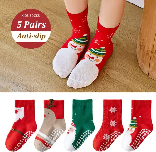 Vista 2 de SUITBOY Calcetines de Navidad para niños, calcetines antideslizantes para bebés, regalos coloridos de Navidad para niños y niñas, calcetines cálidos