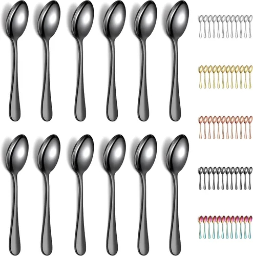 Vista 8 de Evanda 12 cucharaditas doradas, acero inoxidable chapado en titanio dorado, cuchara de té de 5.5 in, cubiertos para té, café, pasteles, postres