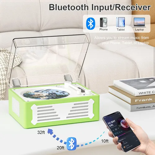Vista 4 de Reproductor de CD Retro con Transmisor Receptor Bluetooth, Altavoces Estéreo HiFi, Pantalla LED, Puertos USB/AUX/Auriculares, Recargable