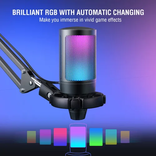 Vista 3 de FIFINE Streaming Microphone and Headphone Stand, USB Podcast Gaming PC Mic with Boom Arm, Pop Filter, Mute Button,RGB Headset Holder for Twitch