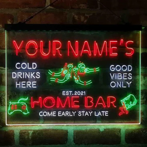 Vista 16 de Letrero de luz de neón LED tricolor para fiesta de cerveza, bar, personalizable, nombre, fecha, texto y cita, fuente verde y rojo y amarillo, 13 x