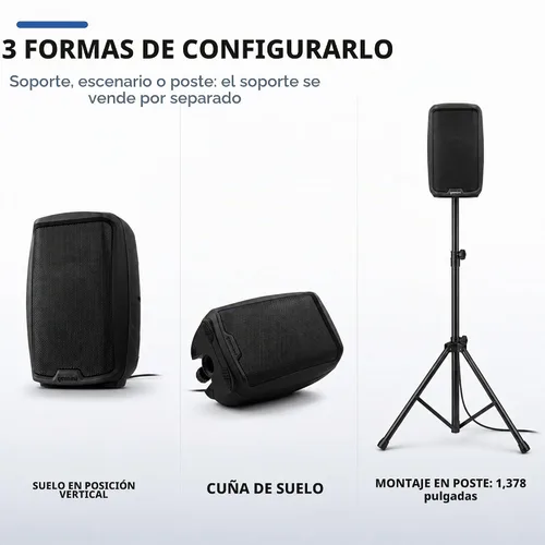 Vista 8 de Gemini Altavoz PA Bluetooth de 8" 500W con enlace TWS, USB/SD/FM, entradas XLR/RCA/AUX, canales de micrófono y guitarra, altavoz DJ compacto