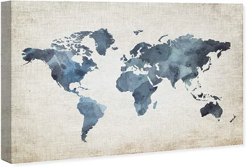 Vista 2 de Mapas y banderas - Lienzo decorativo para pared, diseño de mapas, mapas, mapas, 54 x 36 pulgadas, azul, marrón