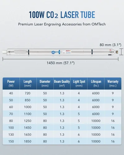 Vista 3 de OMTech Tubo láser de CO2 de 100 W para grabador láser y máquina cortadora, tubo cortador láser de 57.087 in y 3.150 in de diámetro con cabeza