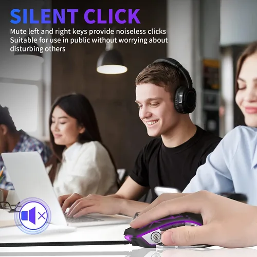 Vista 7 de LETGOALL Silent Click - Ratón de computadora con cable con retroiluminación RGB, 4 DPI ajustables hasta 3200, mouse ergonómico para jugadores