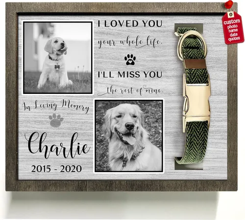 Vista 15 de Marco de madera personalizado con foto de perro con nombre para fotos, recuerdo de mascotas, con soporte para collar, regalo de recuerdo con cita