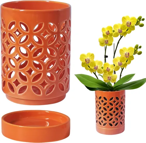 Vista 10 de Maceta de orquídea de 4 pulgadas con agujeros y platillos, maceta de orquídea para trasplantar, macetas de orquídeas ranuradas transpirables