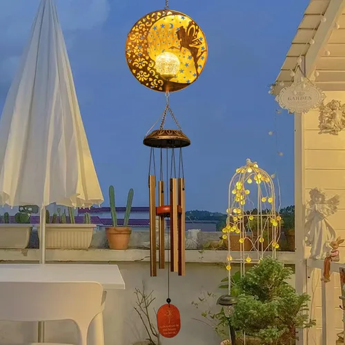 Vista 4 de Tryme Campanillas de viento solares para exteriores con luces colgantes de hadas y 4 tubos de aluminio, decoraciones de luna para el patio, porche