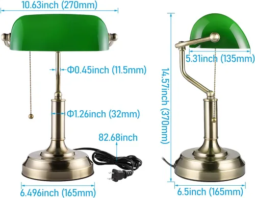 Vista 8 de TORCHSTAR Lámpara de escritorio de cristal verde con cadena de tracción, base E26 Base de acabado de latón, lámpara tradicional antigua para sala