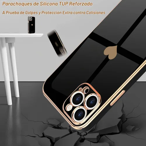 Vista 5 de Teageo Funda para iPhone 12 Pro para mujeres y niñas, diseño de corazón de amor, cubierta trasera suave, protección completa de la cámara Negro