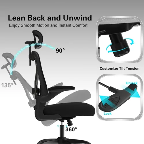 Vista 8 de Silla de oficina ergonómica para largas horas y alivio del dolor de espalda, diseño que ahorra espacio con soporte lumbar ajustable, brazos negro