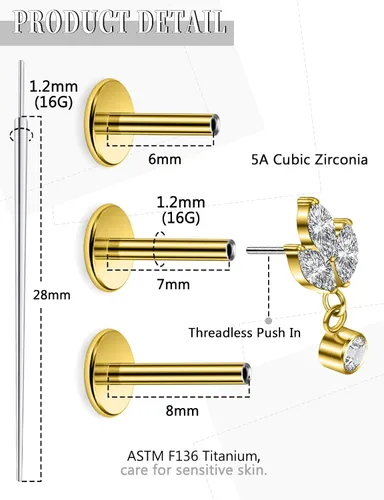 Vista 2 de 20G 18G 16G Astm F136 Titanio Sin Rosca Parte Trasera Plana Aretes Tragus Hélice Concha Joyería de Piercing Nariz Labio Anillos Hélice Frontal