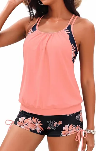 Vista 18 de Holipick Trajes de baño tankini de dos piezas con control abdominal, top de baño tipo blusa con shorts estilo boy shorts Verde Aqua