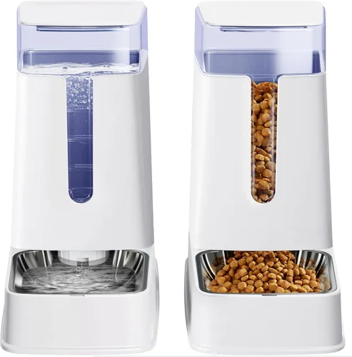 Vista 8 de Dispensador de comida para gatos y dispensador de agua para gatos con cuencos de acero inoxidable, alimentador por gravedad para perros pequeños