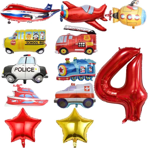 Vista 10 de 12 globos de transporte, camión, avión, autobús escolar, camión de bomberos, coche de policía, barco, ambulancia, submarino, globo de papel