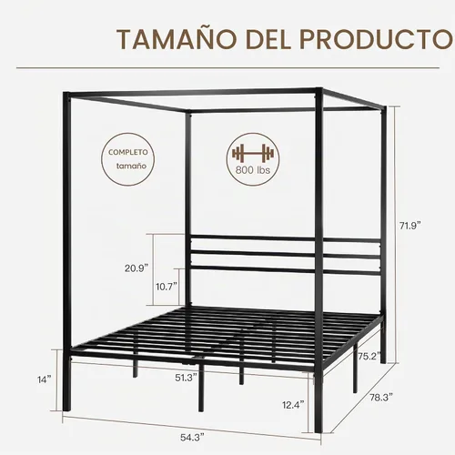 Vista 2 de ikalido - Marco de cama con dosel de metal de tamaño matrimonial, soporte resistente, color negro Modern Four-Poster Platform Bed, Under-Bed