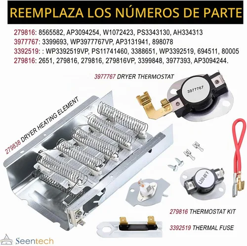Vista 4 de Elemento calefactor de secadora para Whirlpool WED4815EW1 WED5000DW2 WED6200SW1 WED6600VW0, WED4800BQ1, WED4800XQ0, WED4800XQ1, WED4900XW0