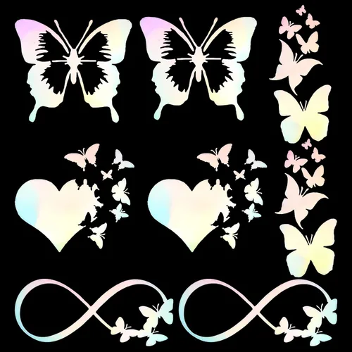 Vista 8 de GORGECRAFT Calcomanías de vinilo de 8 hojas para automóvil, calcomanías reflectantes con láser negro con mariposas infinitas, corazones y alas