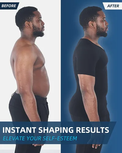 Vista 2 de KOCLES Camisas de compresión Gynecomastia para hombres, faja moldeadora adelgazante para cuerpo, camiseta de entrenamiento con cuello en V