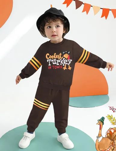 Vista 2 de WIQI Toddler Baby Boy Thanksgiving Outfit Turkey Letter Print Long Sleeve Striped Tops + Long Pants Thanksgiving Outfit Set