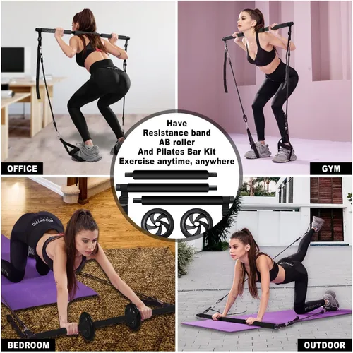 Vista 3 de Pilates bar kit Multiple Fitness bar with Resistance Bands, Ab Rollers.Core Strength Training Equipment. Squat Machine for Men and Women.Portable