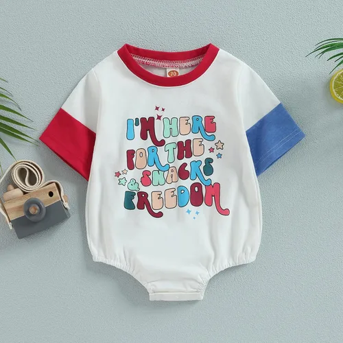 Vista 2 de Karuedoo Traje de bebé niño y niña del 4 de julio, camiseta de Estados Unidos, mameluco de gran tamaño, mameluco de manga corta, ropa patriótica