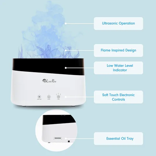 Vista 3 de LivePure LP300HUM Aqua Flame Humidificador de niebla fría – Pequeño humidificador ultrasónico de plantas para interiores con difusor de aceite