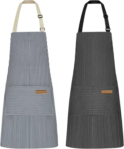 Vista 12 de NLUS Paquete de 2 delantales de cocina ajustables con babero, delantal de chef suave con 2 bolsillos para hombres y mujeres (rayas negras)