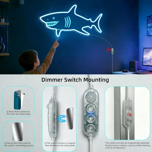 Vista 9 de Letrero de neón de tiburón con sensor de movimiento, letrero de neón LED azul hielo con 3 modos regulables, tablero acrílico decoración de tiburón