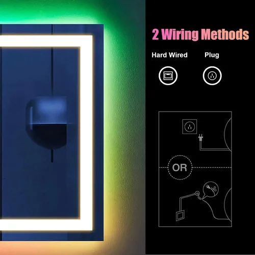 Vista 8 de Espejo LED para baño, espejo rectangular LED HD con 8 colores retroiluminados regulables + 3 colores frontales, control táctil, antivaho, función