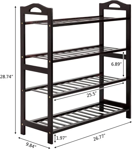 Vista 2 de Zapatero de bambú de pie, 4 niveles, expreso, 100% bambú natural, resistente, ecológico, no tóxico, personalizable, fácil montaje, con capacidad