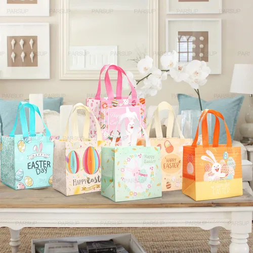 Vista 4 de PARSUP 6 bolsas multifuncionales no tejidas con asas, diseño de conejo de Pascua, zanahoria, pollito y zanahoria, suministros de fiesta de Pascua