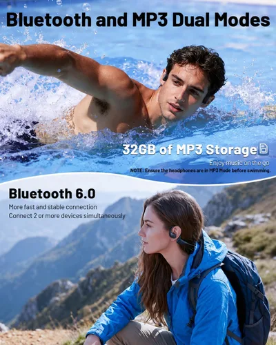 Vista 4 de PSIER Auriculares de conducción ósea con doble controlador, IPX8 impermeables para natación, conducción de aire, auriculares abiertos, modo MP3