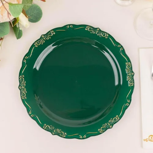 Vista 15 de Efavormart - Paquete de 10 platos desechables de 7 pulgadas transparentes con borde vintage burdeos, elegantes platos de postre de plástico