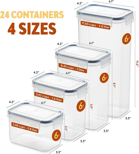 Vista 2 de Juego de 24 recipientes herméticos para almacenamiento de alimentos, recipientes de plástico transparente sin BPA para cocina y despensa con tapas