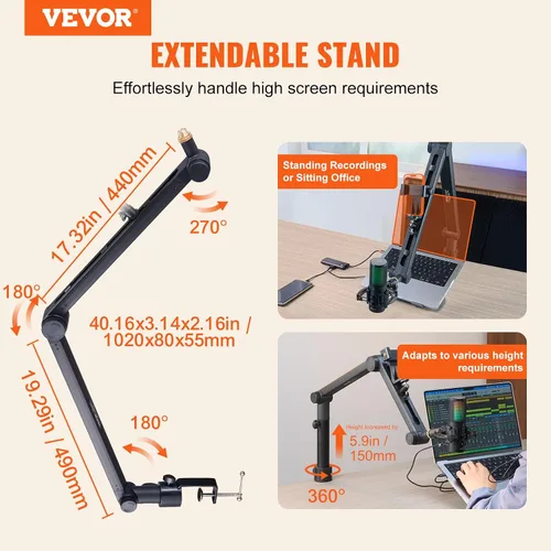 Vista 2 de VEVOR Brazo de brazo de micrófono, con abrazadera de montaje de escritorio, soporte de micrófono ajustable con gestión de cables, giratorio de 360°