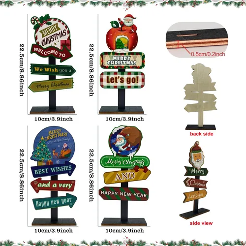 Vista 4 de Decoraciones de mesa de Navidad, 4 tableros rectangulares de madera, estilo rústico de granja, policromo, 8.86 x 4.72 pulgadas, montaje en pared