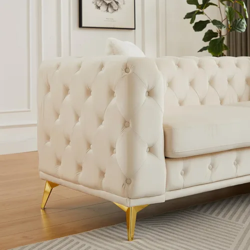 Vista 5 de KEIKI Sofá Chesterfield de terciopelo de lujo extragrande de 61 pulgadas con 2 almohadas, estilo mediados de siglo, sofá de 2 plazas con botones