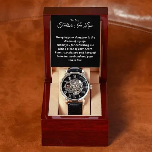 Vista 2 de Reloj calado para hombre con tarjeta de mensaje especial para mi papá, mi padre y mi héroe, reloj de lujo para regalo, regalo único, regalo