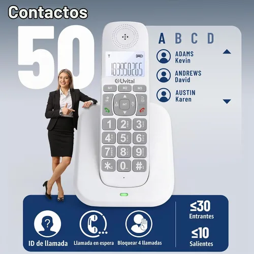 Vista 5 de Uvital Teléfono inalámbrico con DECT 6.0, altavoz dúplex completo, pantalla iluminada, identificación de llamada/llamada en espera/bloqueo
