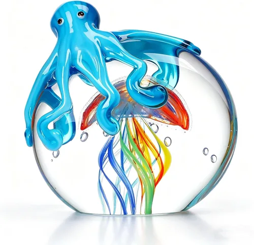 Vista 8 de QFkris Figuras coloridas de cristal de pulpo y medusas, coleccionables, hechas a mano, adorno de pisapapeles de vidrio de animales marinos