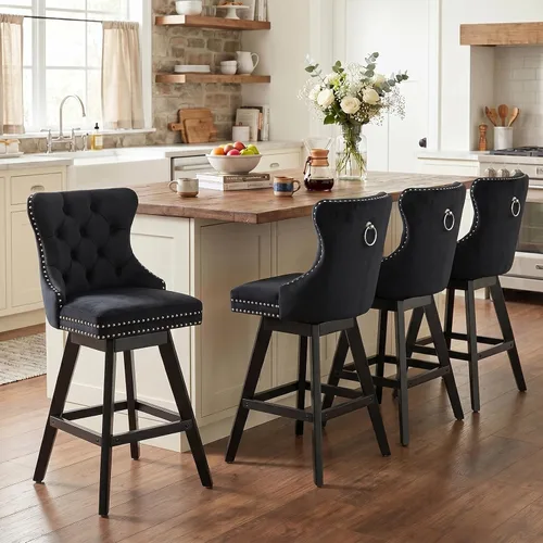 Vista 183 de SoarFlash Juego de 2 taburetes de bar tapizados de terciopelo moderno con patas de madera, botones acolchados, cabeza de clavo cromada, asiento