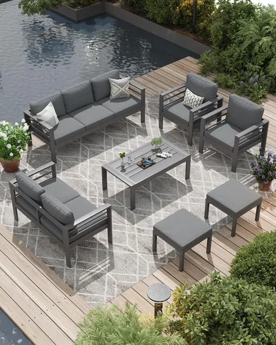Vista 11 de AECOJOY Juego de muebles de patio de aluminio, muebles modernos de exterior de 5 asientos con mesa auxiliar, 4 piezas de sofá seccional