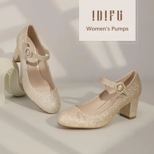 Vista 5 de IDIFU - Vestido de caramelo para mujer, zapatos Mary Jane, tacones de bloque bajo, punta redonda cerrada, oficina, trabajo, iglesia, boda, zapatos