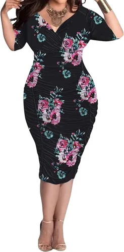 Vista 4 de Vestidos de talla grande para mujer, sexy, envolvente, fruncido, cuello en V, vestido midi bodycon elegante, vestido de negocios para iglesia