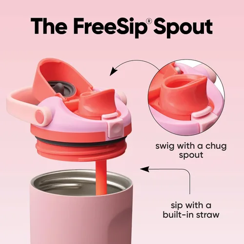 Vista 2 de Botella de agua Owala FreeSip con aislamiento de acero inoxidable con pico de dos vías, pajita incorporada y asa de cubo, fabricada para viajes