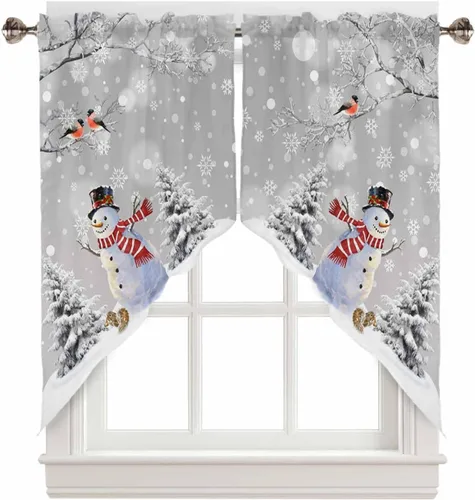 Vista 12 de BEMIGO Cortinas de cocina de Navidad, lindas cortinas de granja con muñeco de nieve azul, cenefa con bolsillo para barra de copos de nieve