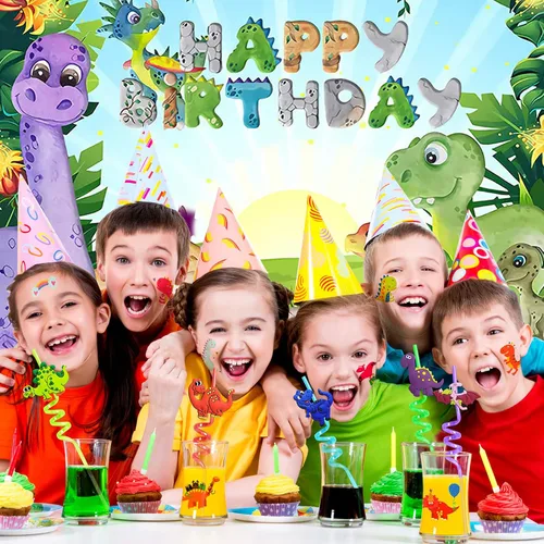 Vista 7 de 24 pajitas de plástico reutilizables de dinosaurio + 6 tatuajes temporales de dinosaurios para niños y niñas Suministros de fiesta de cumpleaños