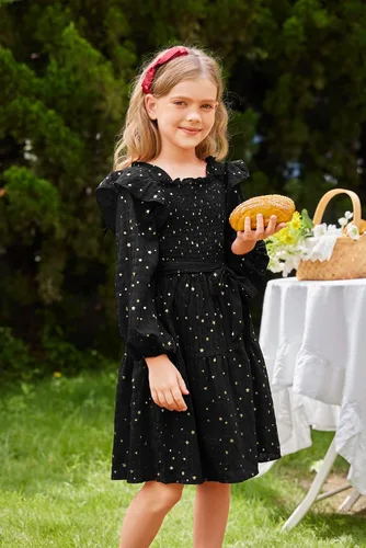 Vista 6 de GRACE KARIN Vestido de otoño para niñas, de manga larga, con volantes, escalonado, brillante, vestido de fiesta de invierno para niñas, talla 5-12